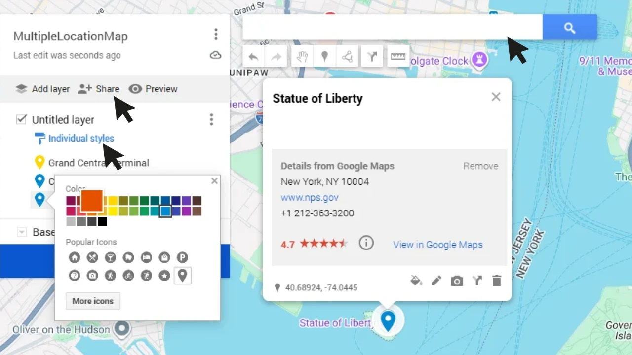 Google My Maps with multiple locations, marker color controls, and Share button