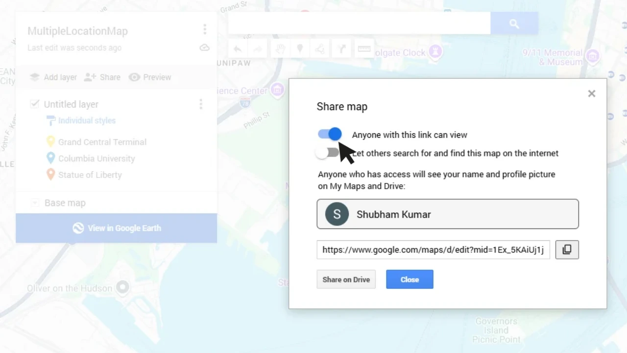 Google My Maps sharing dialog with Anyone with this link can view enabled and the map URL ready to copy