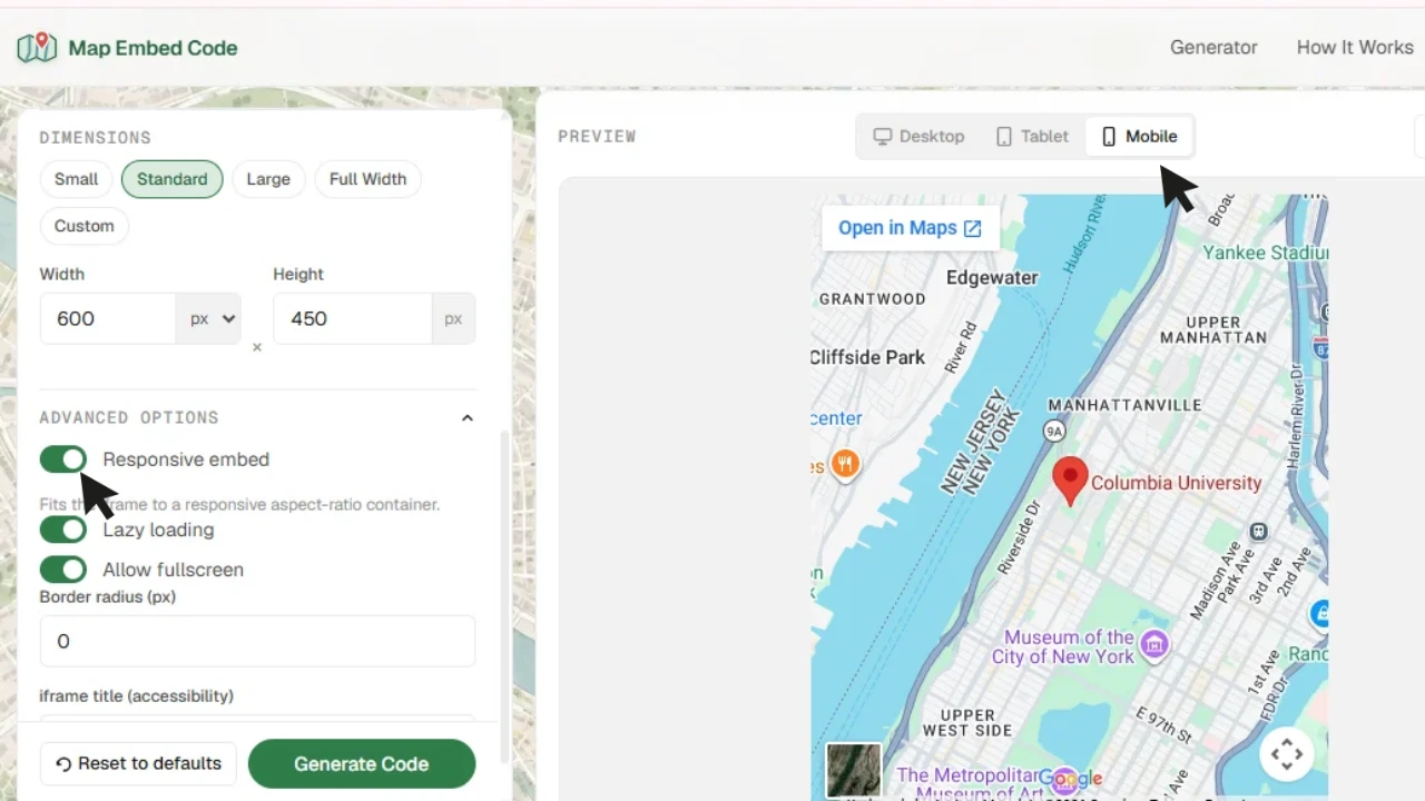 Mobile preview of a responsive Google Map embed fitting a narrow screen